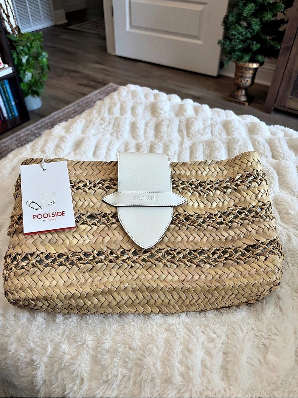 Poolside The Cannes Clutch Straw Tan & White NWT